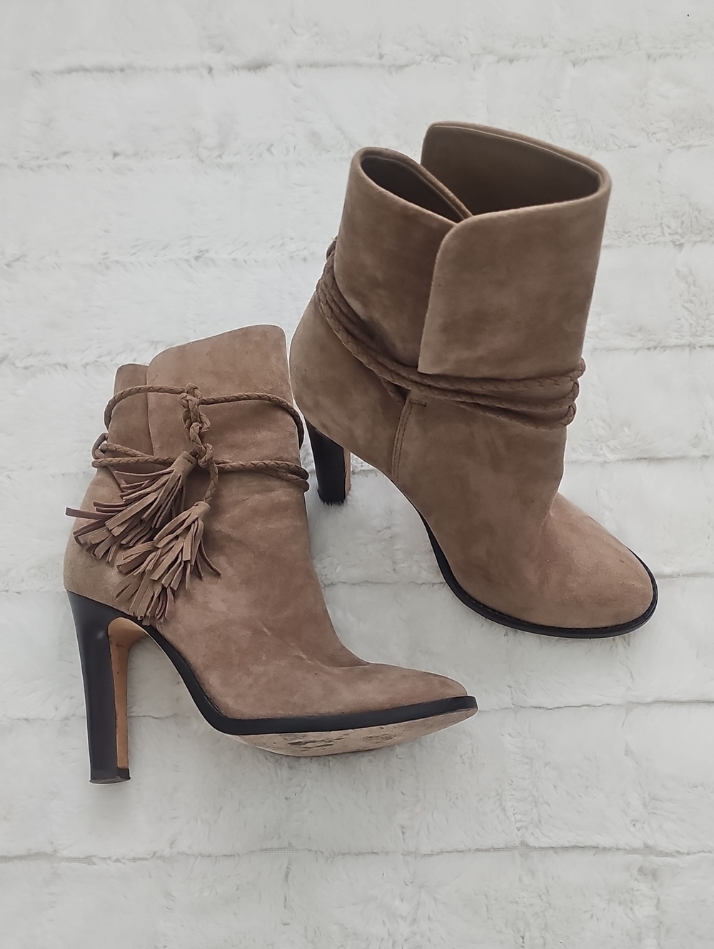 Joie Taupe Suede Tassel High-Heel Ankle Boots